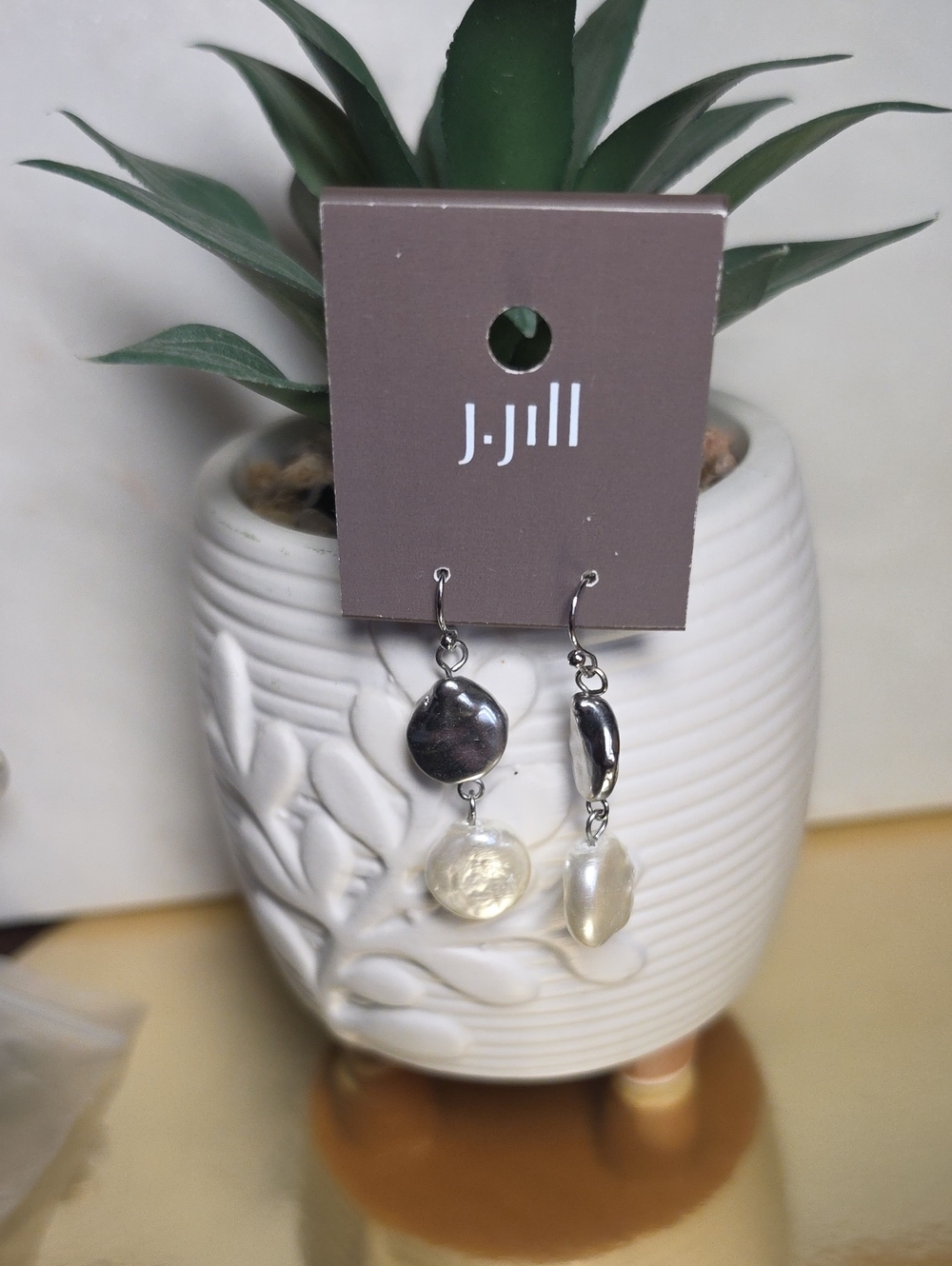J. Jill Silver-Tone Asymmetrical Drop Earrings with Faux Ivory Pearl Accents